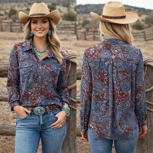 Roper Blue and Red Paisley Button Down Shirt